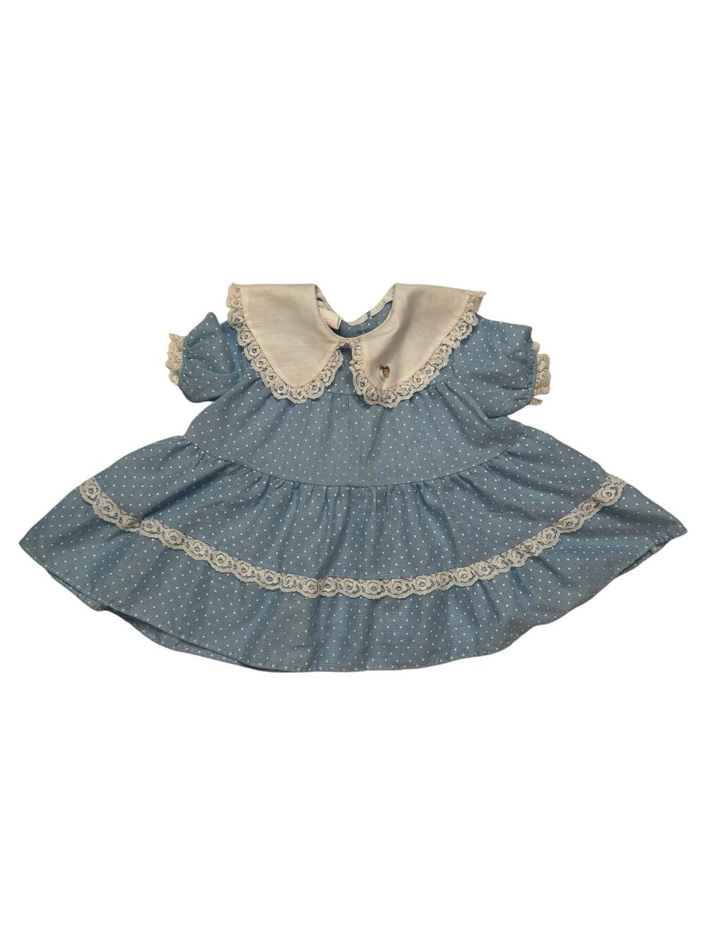 Vintage Cottagecore Blue Swiss Dot Lace Collar Baby Dress Sz 18 Months Made USA